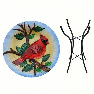 Big Red Cardinal Glass Birdbath w/Stand - Click to enlarge