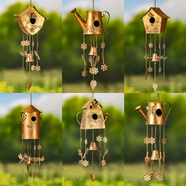 Set of 6 Antique Copper Color Birdhouse Wind Chimes - Click to enlarge