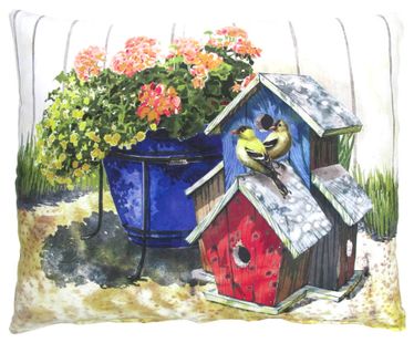 Birdhouse and Flowers Outdoor Pillow - Click to enlarge