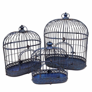 Antique Blue Bird Cage Decorations (Set of 3) - Click to enlarge