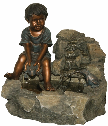 Boy Playing w/Frogs Lighted Outdoor Fountain - Click to enlarge