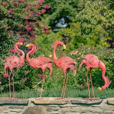 Bright Distressed Pink Iron Flamingos (Set of 4) - Click to enlarge