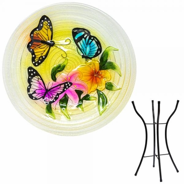 Butterflies Glass Birdbath w/Stand - Click to enlarge