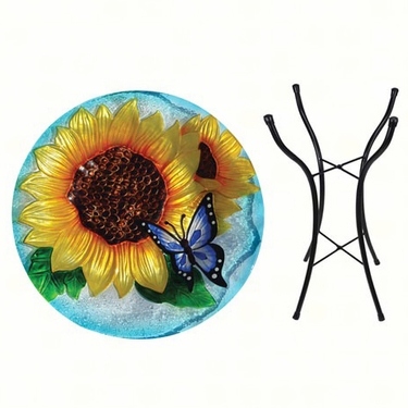 Butterfly Sunflower Glass Birdbath w/Stand - Click to enlarge