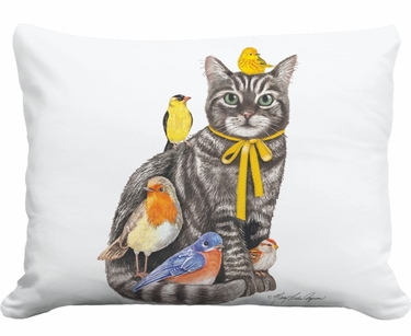 Cat with Birds Outdoor Pillow - Click to enlarge