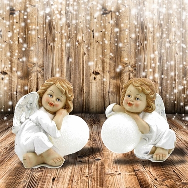 Cherub Figurines with Illuminated Snowballs (Set of 2) - Click to enlarge