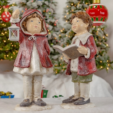 Christmas Figurines Wearing Red Cloaks Holding Lantern (Set of 2) - Click to enlarge