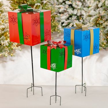 Christmas Gifts w/Snowflake Cutouts Iron Garden Stakes (Set of 3) - Click to enlarge