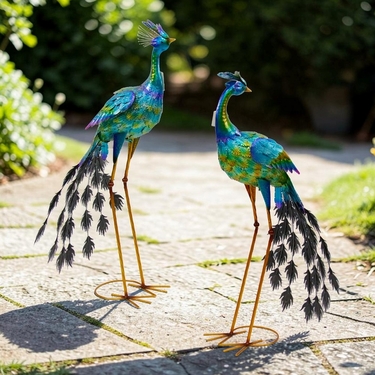 Colorful Iron Peacock Statues (Set of 2) - Click to enlarge