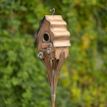 Antique Copper Cottage House Birdhouse Stake - Click to enlarge