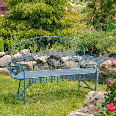 Iron Garden Bench with Curved Back - Cobalt Blue - Click to enlarge