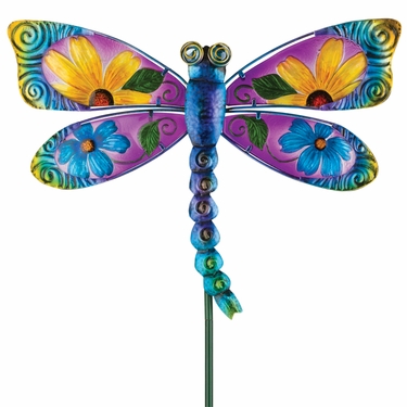 Floral Glass Dragonfly Stake - Blue - Click to enlarge