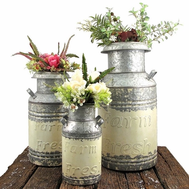 Galvanized Old Style Milk Jugs (Set of 3) - Cream - Click to enlarge