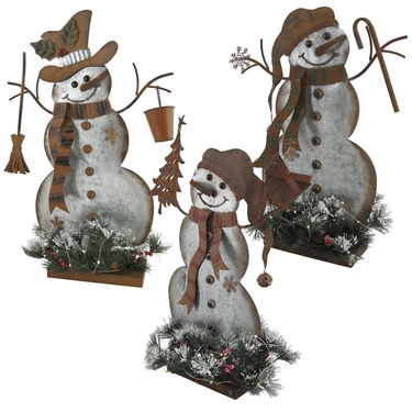 Galvanized Snowmen w/LED Pines (Set of 3) - Click to enlarge