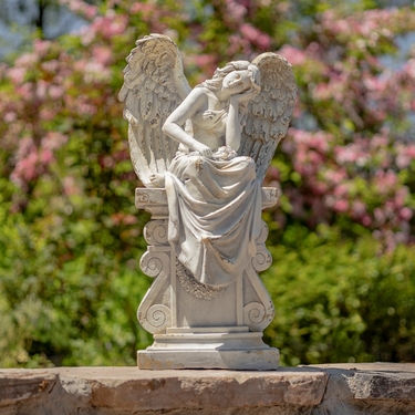 Antique Grey Magnesium Angel Sitting on Pillar Statue - Click to enlarge