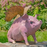 Iron Flying Pink Pig Statue w/Golden Wings