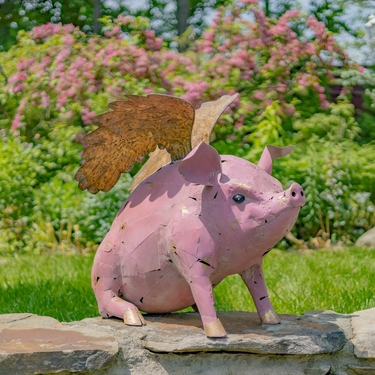 Iron Flying Pink Pig Statue w/Golden Wings - Click to enlarge
