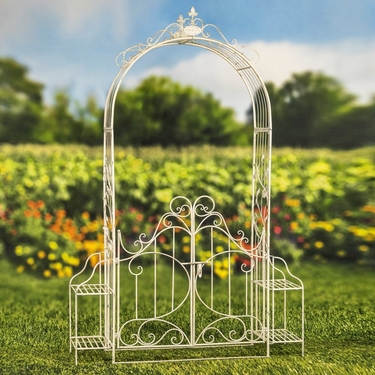 Iron Garden Gate Archway w/Plant Stands - Antique White - Click to enlarge