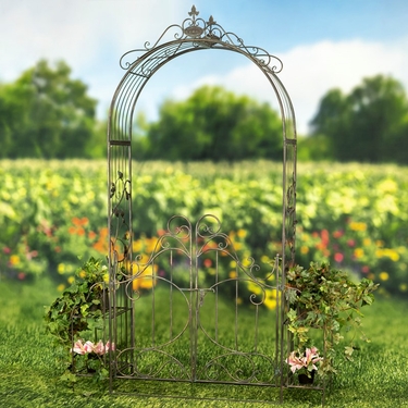 Iron Garden Gate Archway w/Plant Stands - Copper Brown - Click to enlarge