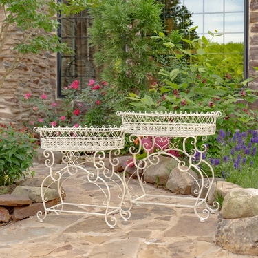 Iron Plant Stands w/Oval Baskets (Set of 2) - Antique White 