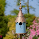 Iron & Soft Blue Porcelain Antique Copper Birdhouse Stake Iron & Soft Blue Porcelain Antique Copper Birdhouse Stake