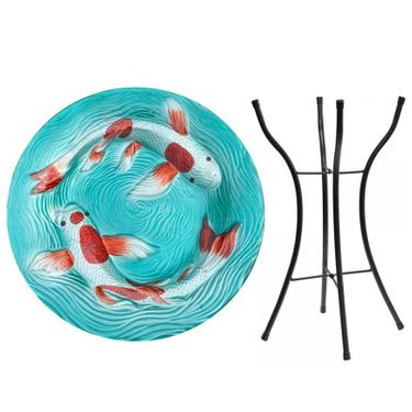 Koi Fish Glass Birdbath w/Stand - Click to enlarge