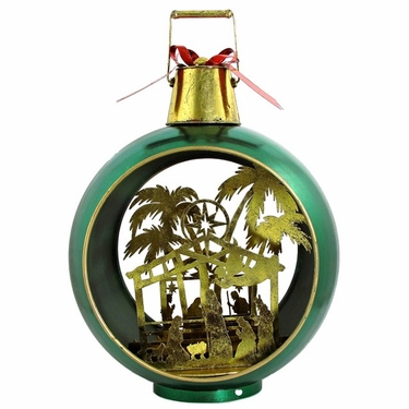 Large Iron Christmas Ornament w/Nativity Scene & LED Lights - Green/Gold - Click to enlarge