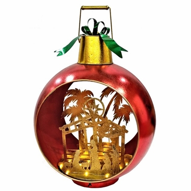 Large Iron Christmas Ornament w/Nativity Scene & LED Lights - Red/Gold - Click to enlarge