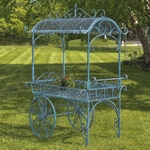 Large Iron Flower Cart w/Roof - Blue