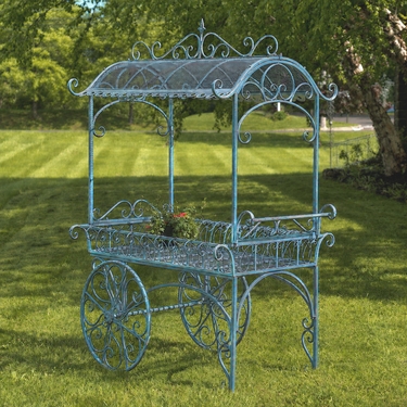 Large Iron Flower Cart w/Roof - Blue - Click to enlarge