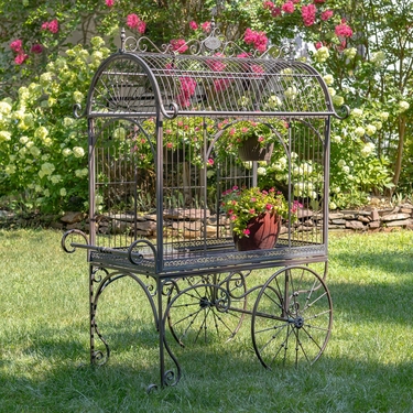 Large Roofed Iron Flower Cart - Bronze - Click to enlarge