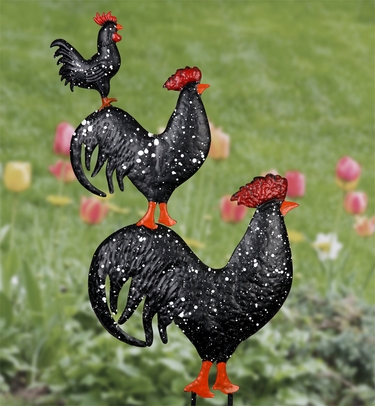 Metal Stacked Rooster Decor Garden Stake - Click to enlarge