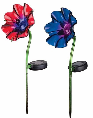 Set of 2 Mini Solar Poppy Stakes - 1 Purple 1 Red - Click to enlarge
