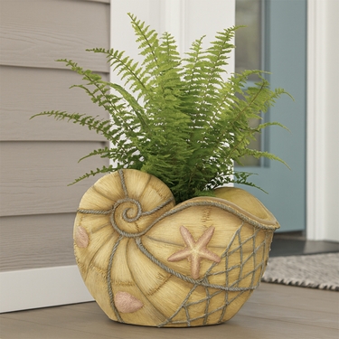 Nautical Conch Seashell Planter - Faux Wood Finish - Click to enlarge