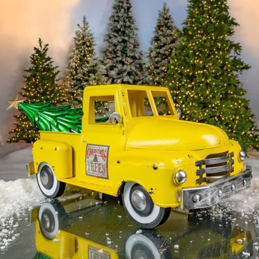 Old Style Iron Christmas Truck w/Tree - Antique Yellow - Click to enlarge