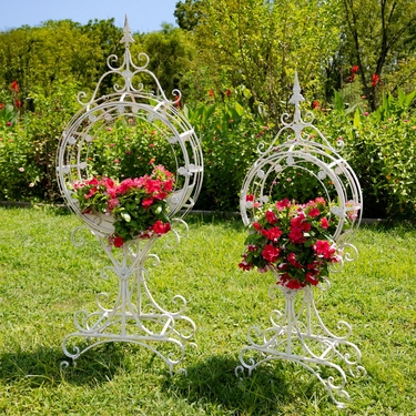 Ornate Circular Iron Planters (Set of 2) - Antique White - Click to enlarge