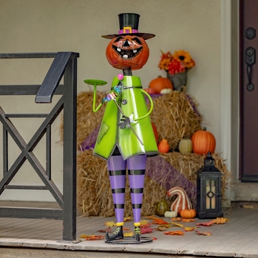 Tall Pumpkin Man Iron Decoration with Tray - Click to enlarge