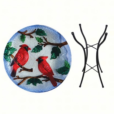 Red Cardinals Glass Birdbath w/Stand - Click to enlarge