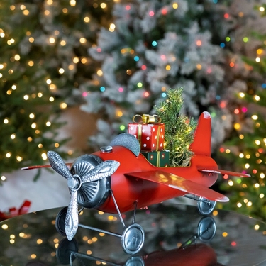 Small Red Airplane with Lighted Christmas Tree & Gifts - Click to enlarge
