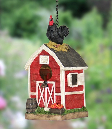 Rooster on Red Barn Bird House - Click to enlarge