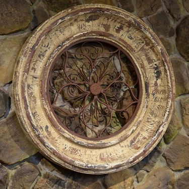 Round Wooden Wall Frame w/Iron Decor - Barcelona Red Finish - Click to enlarge