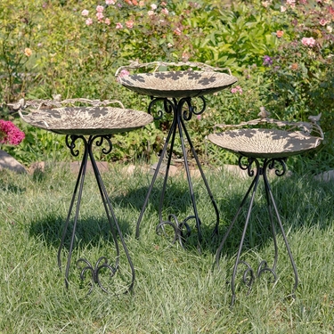 Set of 3 Frosted Gold Iron Birdbaths w/Birds - Click to enlarge