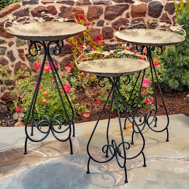 Set of 3 Frosted Gold Iron Birdbaths w/Birds - Click to enlarge
