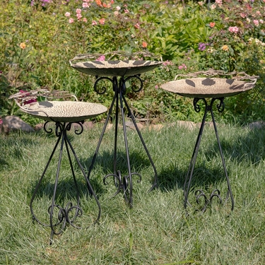Set of 3 Frosted Gold Iron Birdbaths w/Butterflies - Click to enlarge