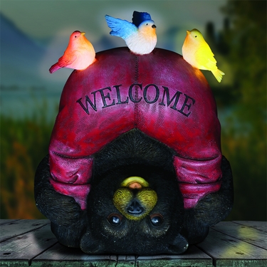 Silly Solar Welcome Bear w/Birds - Click to enlarge