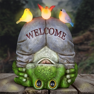 Silly Solar Welcome Frog w/Birds - Click to enlarge