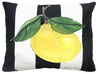 Single Lemon on Black Stripe Outdoor Pillow - Click to enlarge