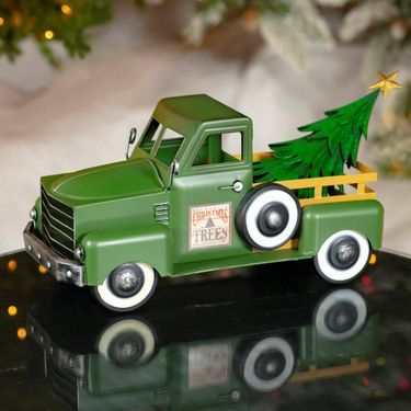 Small Green Iron Pickup Truck w/Christmas Tree - Click to enlarge