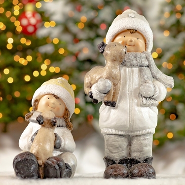 Snowy White Christmas Figurines Holding Baby Deer (Set of 2) - Click to enlarge