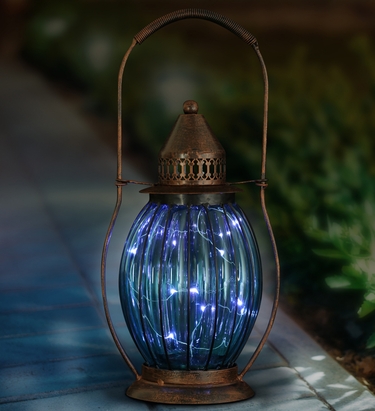 Solar Antique Lantern w/12 Firefly LEDs - Sea Blue - Click to enlarge